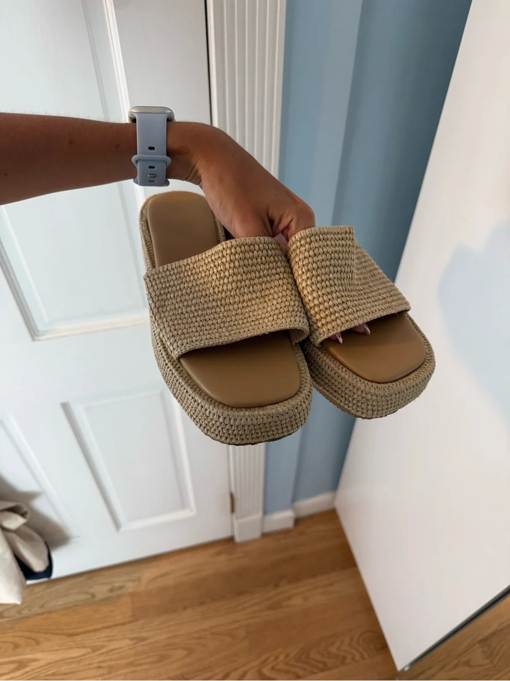 Woven Slide Platform Sandals in Beige